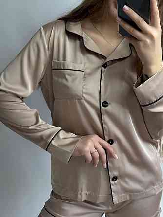 Комплект шовковий трійка сорочка з шортами і штанами Бежевий M Харків