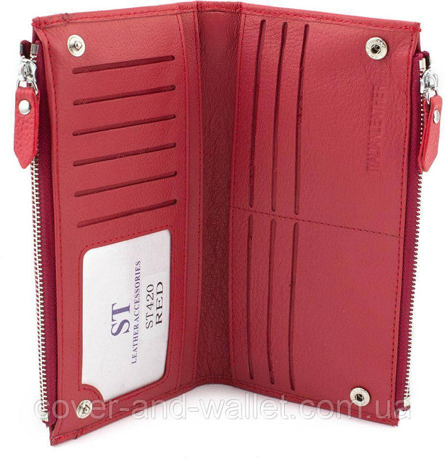Шкіряний яскравий гаманець із ремінцем на руку та відділенням на блискавці червоного кольору ST Київ - фото 1