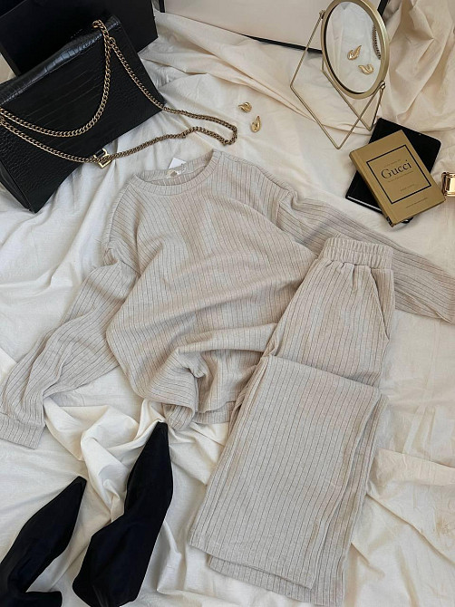 Жіночий базовий теплий костюм: кофта та штани ангора рубчик Бежевий, 42/44 Одеса - фото 1