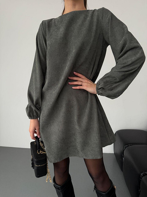 Женское базовое платье свободного кроя с объемными рукавчиками микровельвет Хаки, 46/48 Одесса - изображение 6