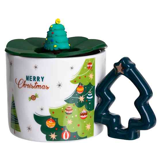 Yiwu Новорічна порцелянова чашка «Святкова ялинка» з кришкою 400 мл Yiwu FM-CS-18B Коломия
