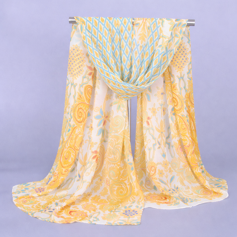 Женский шифоновый шарф с орнаментом 150 на 45 см желто-голубой Киев - изображение 1