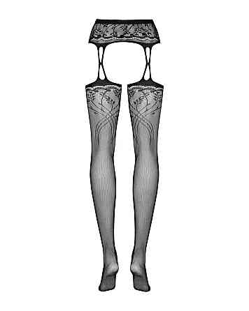 Чулки-стокинги с растительным рисунком Obsessive Garter stockings S206 black S/M/L черные, имитация Sex Aura Киев