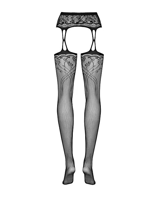 Чулки-стокинги с растительным рисунком Obsessive Garter stockings S206 black S/M/L черные, имитация Sex Aura Киев - изображение 6