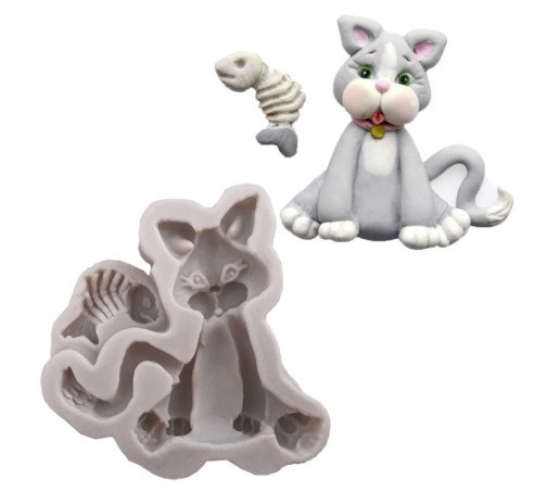 Молд силиконовый Кот с рыбой 64 на 60 мм серый Киев - изображение 1