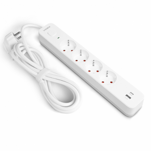 Мережевий подовжувач із заземленням 4 розетки/1USB-A/1Type-C 3м з кнопкою білий VF-PD43G1QC1PD-W Oncord Videx Житомир