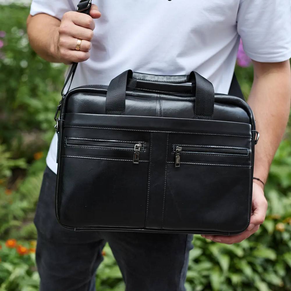 Чоловіча шкіряна ділова сумка портфель для ноутбука і документів Tiding Bag чорна Київ - фото 8