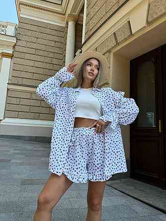 Жіночий принтований костюм-двійка: сорочка та шорти з натурального мусліну Білий 2, 48/50 Одеса