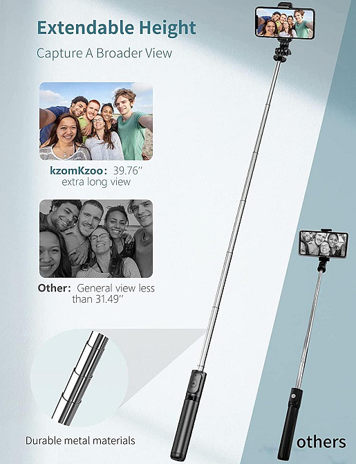 Висувний штатив для селфі-палиці kzomKzoo Штатив kzomKzoo Selfie Stick зі знімним бездротовим пультом дистанційного керування 4 в1 Київ - фото 2