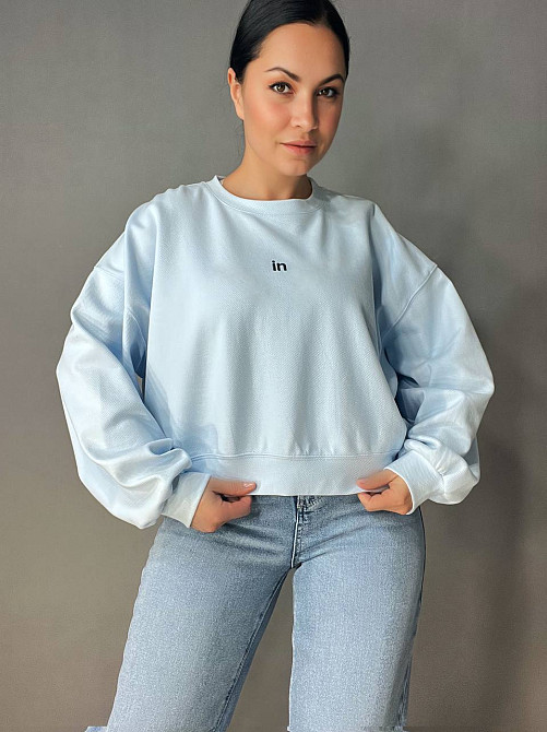 Світшот жіночий U S 36918 оверсайз рубчик діагональ вишивка “in”, блакитний, one size Київ - фото 10