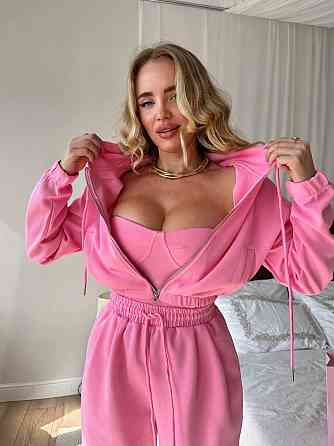 Жіночий стильний прогулянковий костюм-трійка: кофта корсет і штани двонитка Рожевий, 46/48 Одеса