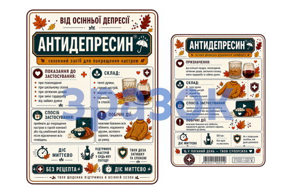 Комплект этикеток на бутылку «Антидепресин» — прикольный подарок от осенней депрессии с юмором Одесса