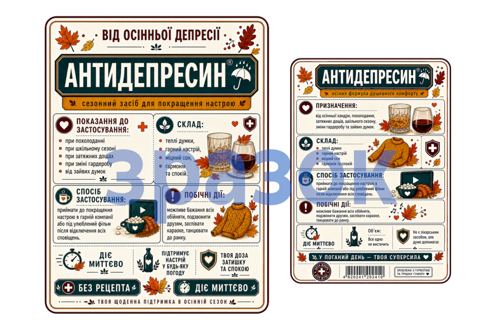 Комплект этикеток на бутылку «Антидепресин» — прикольный подарок от осенней депрессии с юмором Одесса - изображение 1