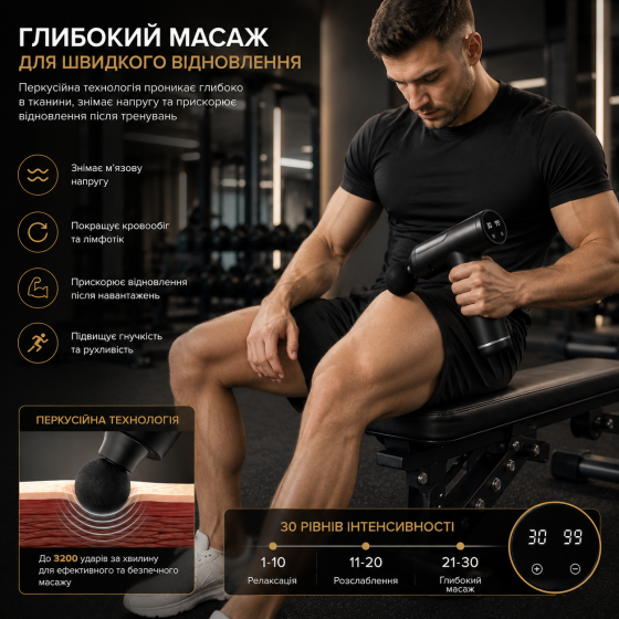 Уценка! Массажный пистолет для тела с 6 насадками, аккумуляторный перкуссионный массажер с дисплеем, черный Киев