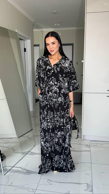 Жіночий легкий принтований костюм-трійка: хустка, сорочка та штани софт Чорний Одеса - фото 2