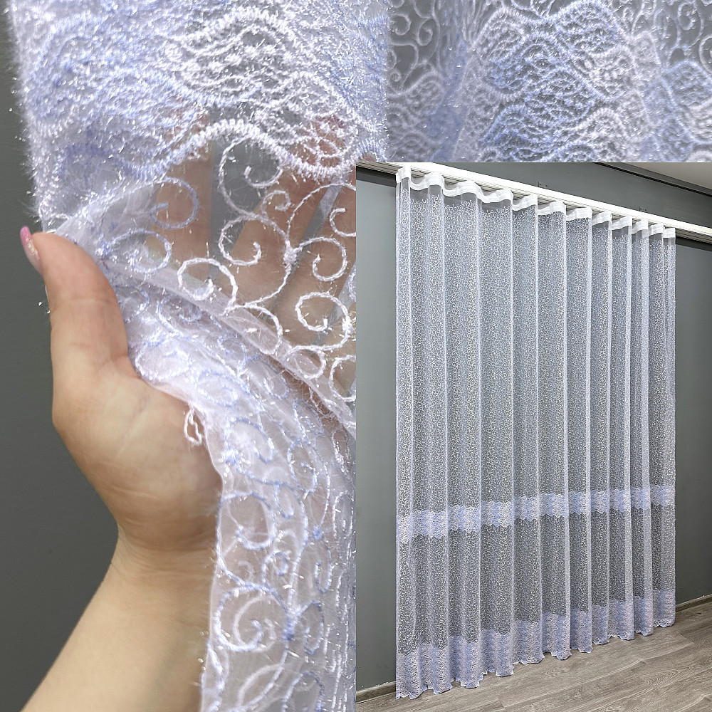 Тюль VR-Textil 1686т Органза с вышивкой Голубой с белым 300х270 см (42-0725) Киев - изображение 1