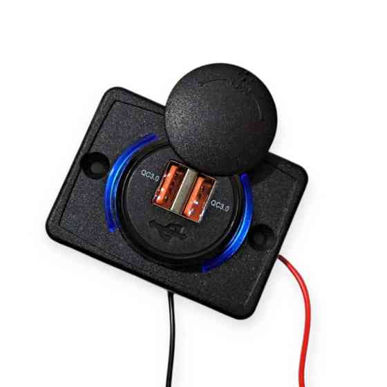 Гніздо накладне 2 USB 3,0A, QC,12-24В, посадковий розмір 48х64мм, кришка, з підсвічуванням синій Мукачево