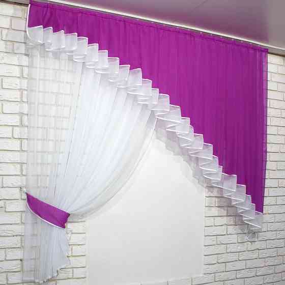 Кухонний комплект VR-Textil № 062к шторка з ламбрекеном фуксія з білим 200х170 см (50-281) Київ