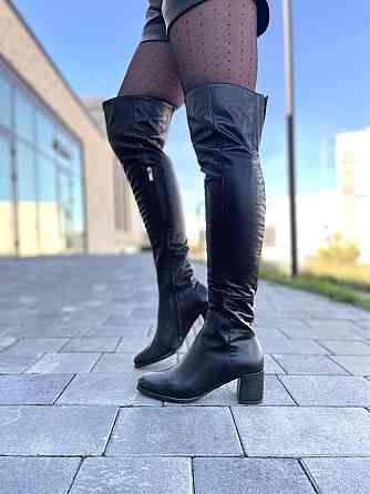 Stepter Ботфорти на підборах жіночі на зиму теплі з натуральної шкіри чорні 6076 / Чоботи шкіря Коломия