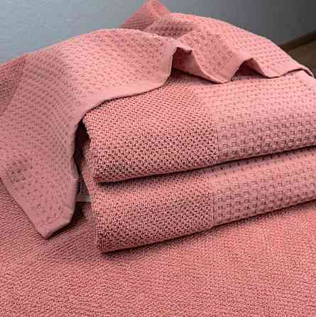 Комплект махрових рушників Вафельний Бордюр 3шт GM Textile 40х70см, 50х90см, 70х140см 450г/м2 (Пудра) Суми