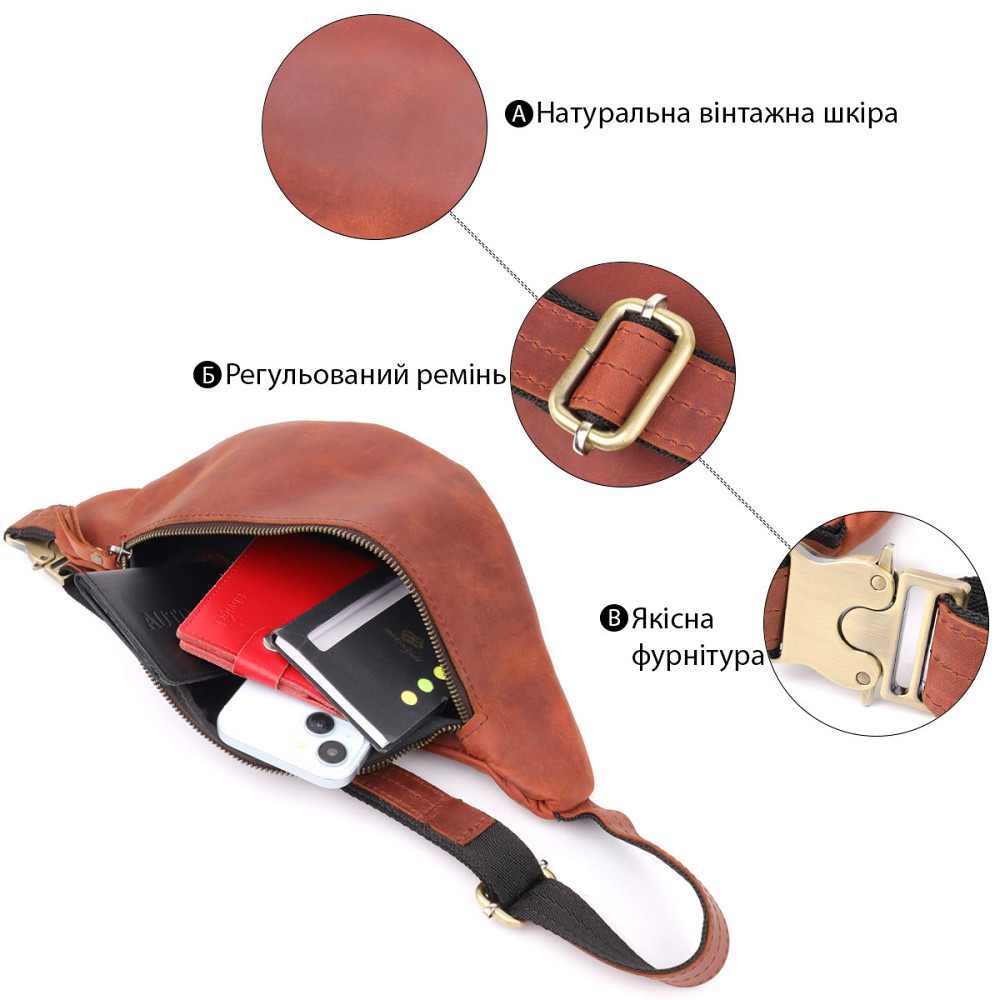 Бананка для мужчин отменного качества из винтажной натуральной кожи Shvigel 23140 Рыжий Киев - изображение 8