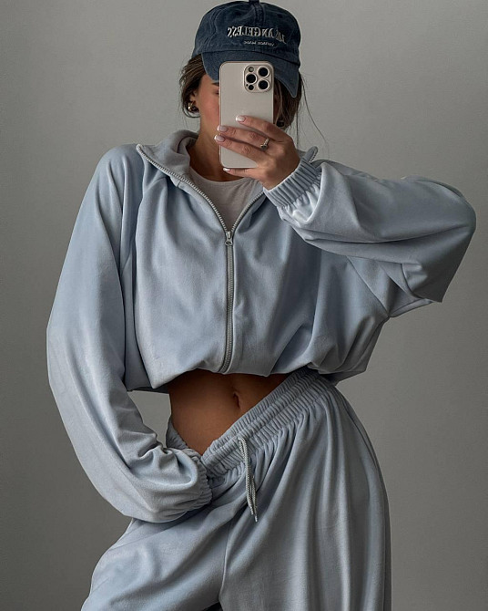 Жіночий стильний костюм оверсайз: кофта та штани турецький велюр спорт Сіро-блакитний Одеса - фото 2