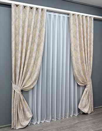 Комплект готовых штор VR-Textil Лен Корона Мария № 1268ш Светло-серый с золотистым 100х270 см 2 шт (31-535) Киев