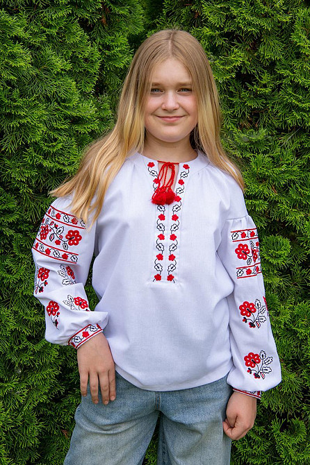 Вишиванка для дівчаток-підлітків лляна з довгим рукавом, білий топ   140 Київ - фото 1