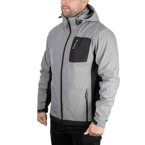 Куртка SOFTSHELL світло-сіро/чорна, з капюшоном, тришарова, стрейч 300 GSM 100D, водо-/вітрозахист, 96% поліестер / 4% еластан, 3 кишені, M Львів