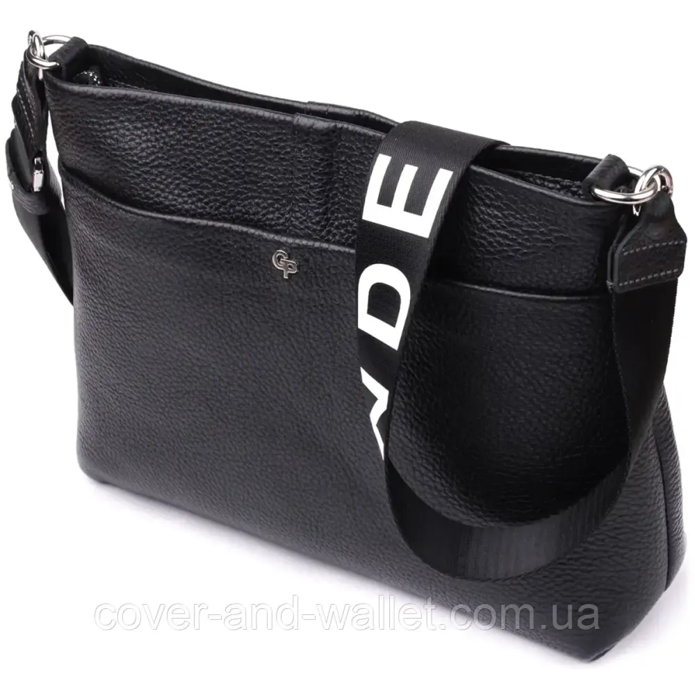 Стильна жіноча шкіряна сумка-кроссбоді з текстильним ремінцем чорного кольору Grande Pelle 729710 Київ - фото 1