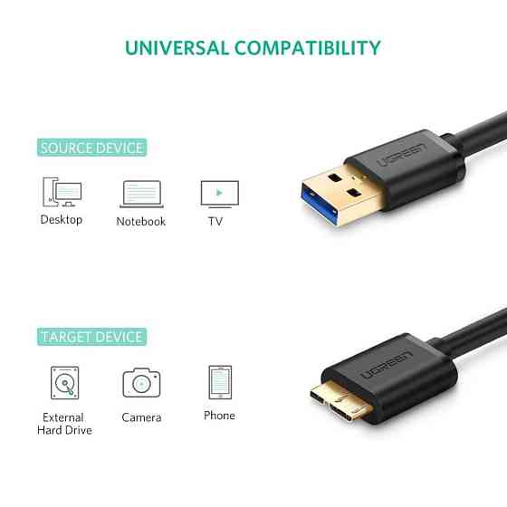 Кабель USB 3.0 - Micro USB Тип B Ugreen US130 (Чорний, 2м) Николаев