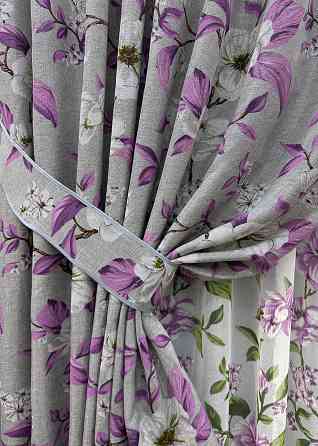 Комплект штор VR-Textil Лен Прованс 150х265 2шт и Тюль 500х265 1820ш-1802т Серый с фиолетовым и белым 71-109/4 Киев