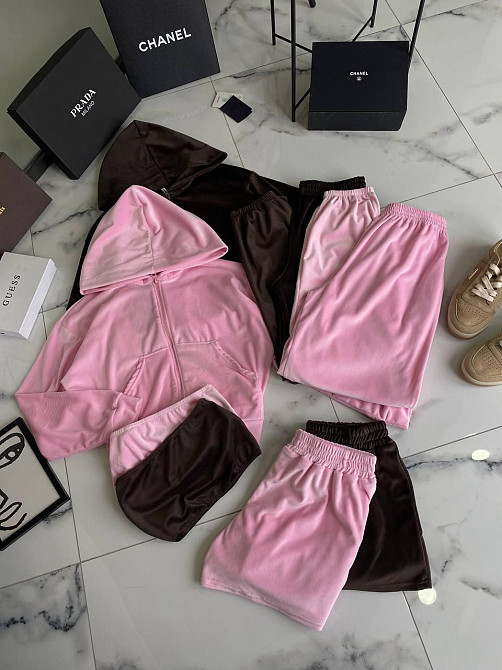 Женский прогулочный костюм четверка: худи, топ, шорты и штаны турецкий велюр спорт Барби Одесса - изображение 1