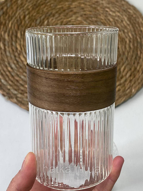Склянка "Bamboo chip" 450 мл 7.5*12 см 102-352 прозора з дерев'яною вставкою для дому та ресторану Київ - фото 1