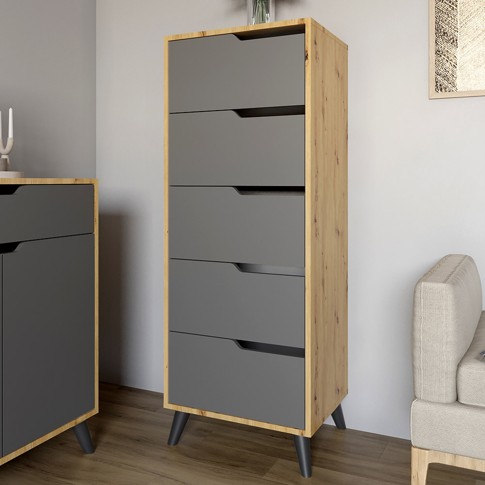 Комод высокий с черными ножками 5 ящиков М-ЗОН Борн 500 Дуб Артизан/Антрацит (MZN-031101) Львов - изображение 1