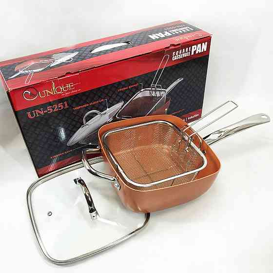 Сковорода-фритюрниця UNIQUE UN-5251 квадратна антипригарна з пароваркою та каструлею + скляна кришка 24 см ST-44 Львів