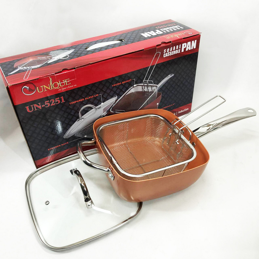 Сковорода-фритюрниця UNIQUE UN-5251 квадратна антипригарна з пароваркою та каструлею + скляна кришка 24 см ST-44 Львів - фото 2