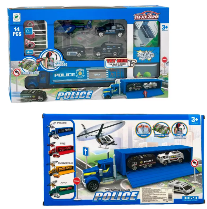 Трейлер Поліція машина вертоліт масштаб 1:64 14 деталей довжина 24,5см Синій (660-A347) Чернігів - фото 4