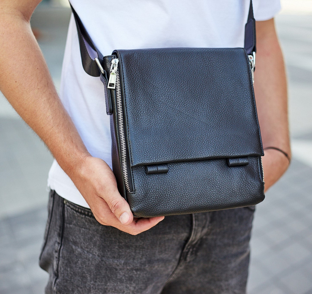 Кожаная мужская сумка-месенджер 21x24x6, барсетка из натуральной кожи Tiding Bag 9389 черная Каменское - изображение 10