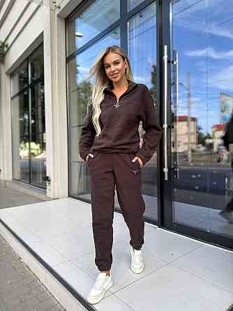 Женский теплый прогулочный костюм двойка: кофта и штаны флис двусторонний Шоколадный, 46 Одесса