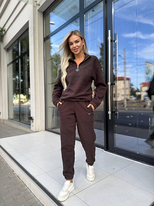 Женский теплый прогулочный костюм двойка: кофта и штаны флис двусторонний Шоколадный, 46 Одесса - изображение 1
