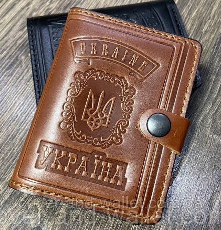 Шкіряна обкладинка для автодокументів на кнопці, обкладинка на паспорт id (каштан) Київ - фото 1