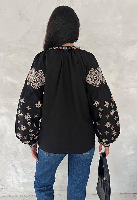 Женская современная вышиванка с объемным рукавом домотканый лен Черный, 44 Одесса - изображение 6