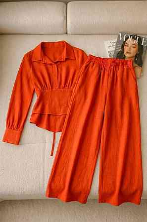 Стильний трендовий повсякденний костюм льон жатка Кораловий, 48/50 Одеса