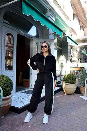 Стильный женский повседневный костюм тройка плотный плюшевый велюр Черный, 46/48 Одесса