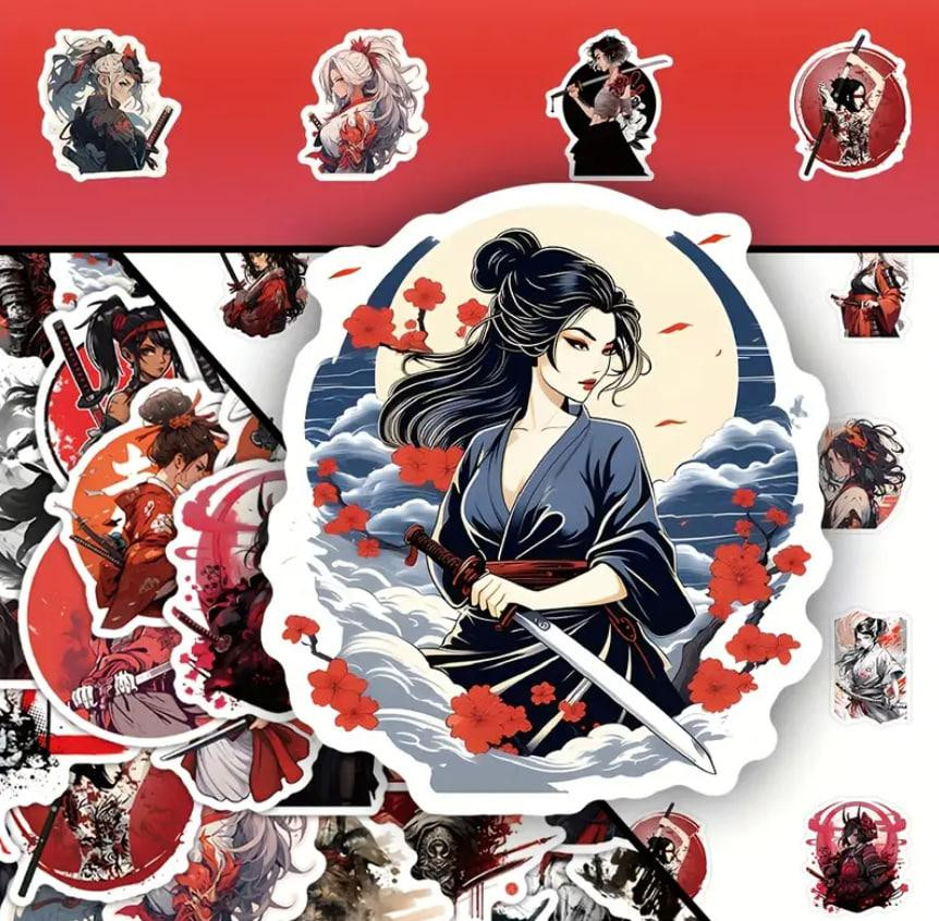 Наклейки дівчина самурай. Наклейки на мотоцикл, велосипед, для комп'ютера, ноутбука, набір 50 шт. Київ - фото 1