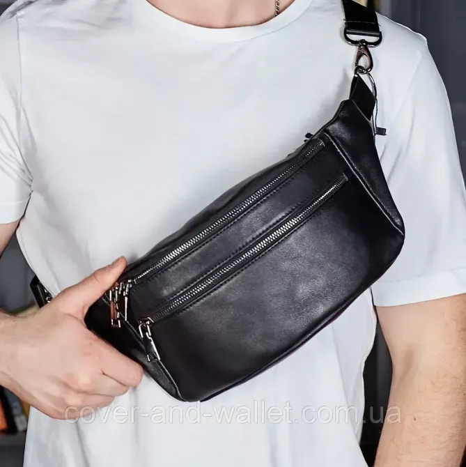 Черная мужская сумка-бананка из натуральной кожи гладкого типа Puos Киев - изображение 2