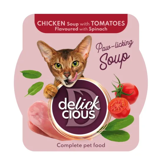 Повноцінний корм для дорослих котів Делікшес Delickcious суп з курки з томатами та додаванням шпинату, 80 г Вінниця