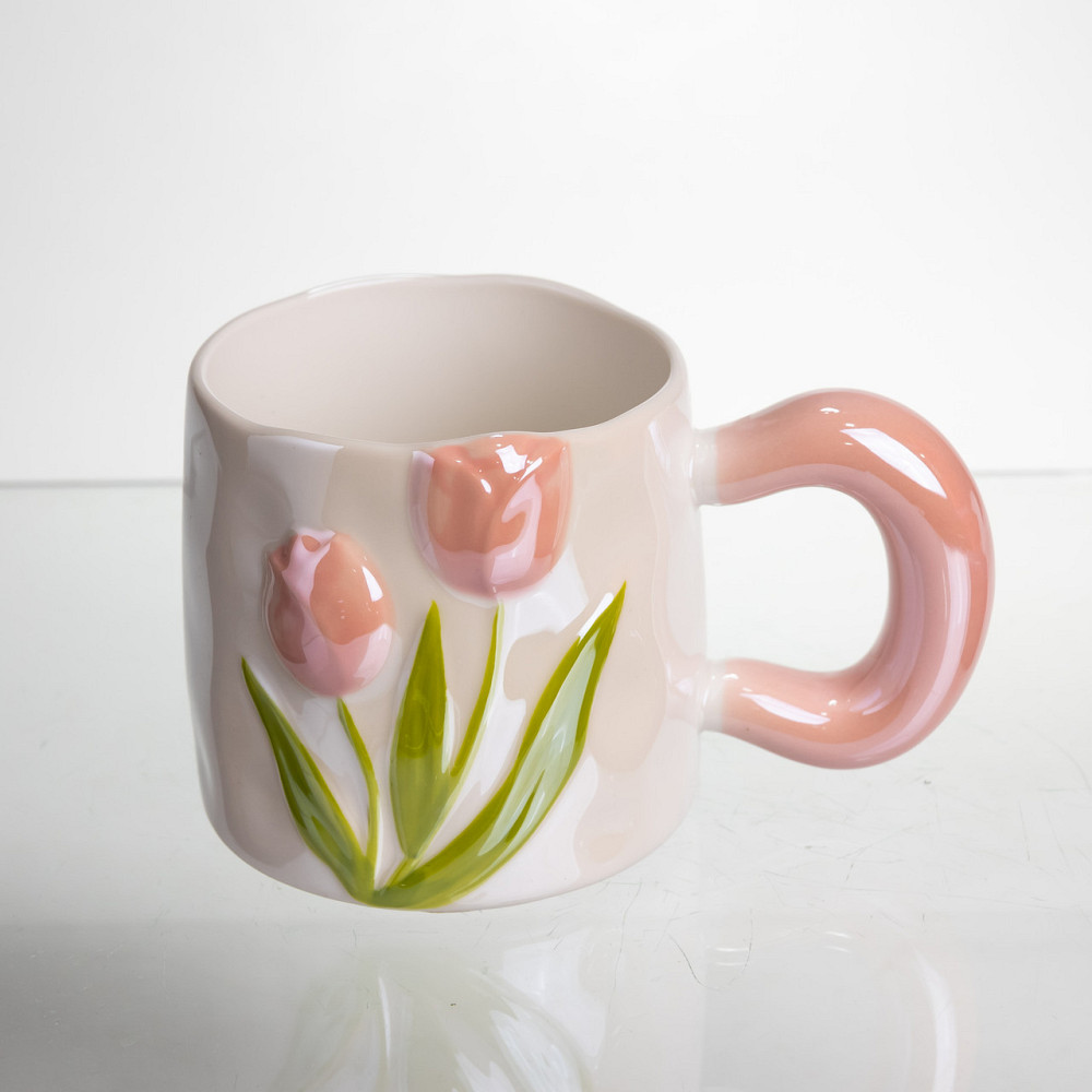 Yiwu Новорічна порцелянова чашка для чаю та кави "Ніжний Тюльпан" з 3D-декором 400 мл, святкова Коломия - фото 3