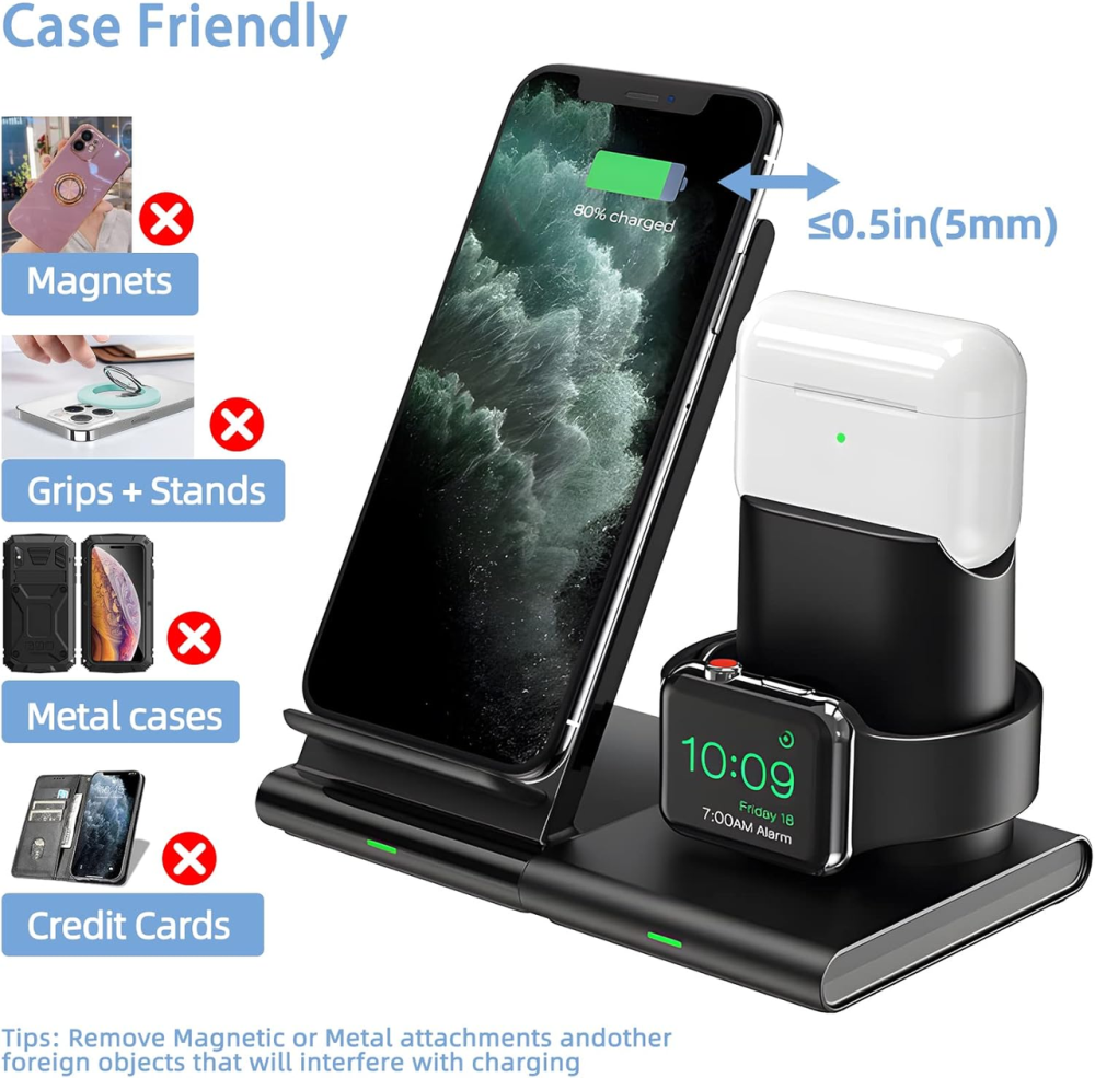 Бездротовий зарядний пристрій Seneo PA191 3 в 1 для iPhone 14/13/12/11/Pro, Apple Watch, AirPods, MagSafe, Чорний Київ - фото 5